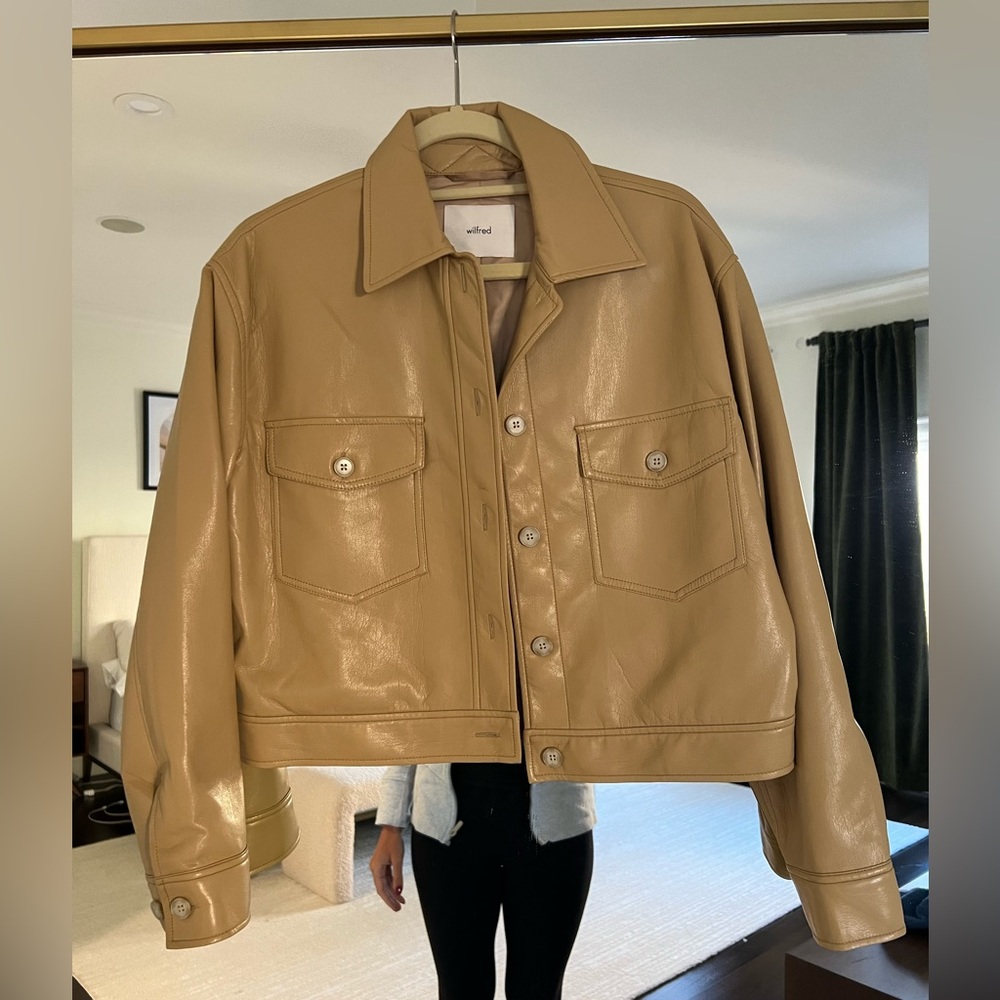 Wilfred Faux Leather Cropped Jacket in Camel (pictured in brown)